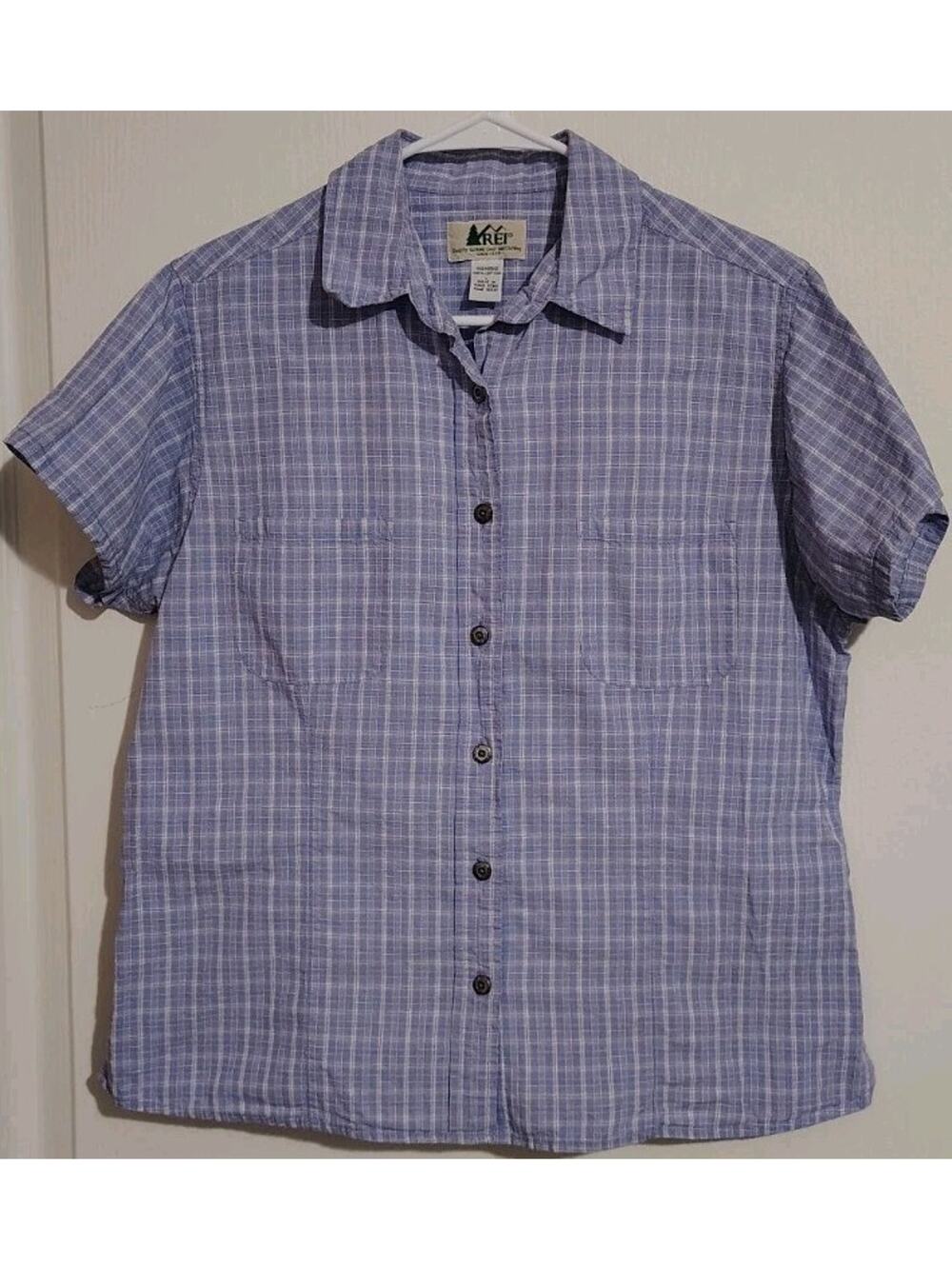 REI Shirt Size Large L Woman's Blue Plaid Button Up Front White Cotton Hiking